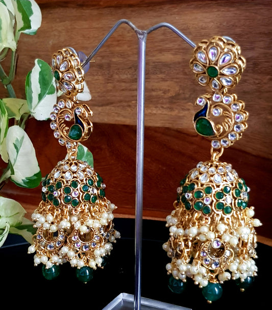 Long kundan and greenstone jhumki (earrings)