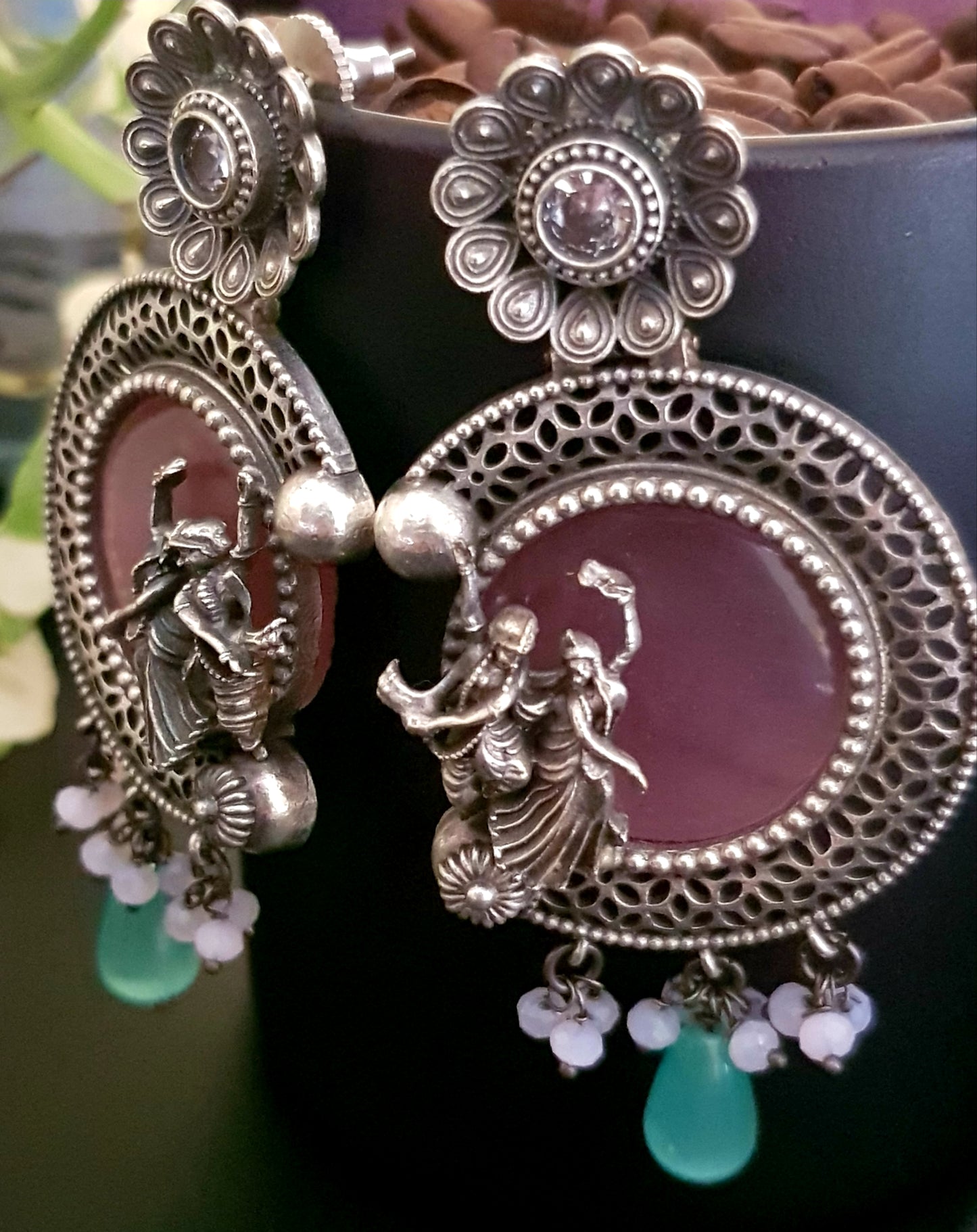 Silver finish set, dancing Radha-Krishna design over pink stone pendant with pearls, matching earrings