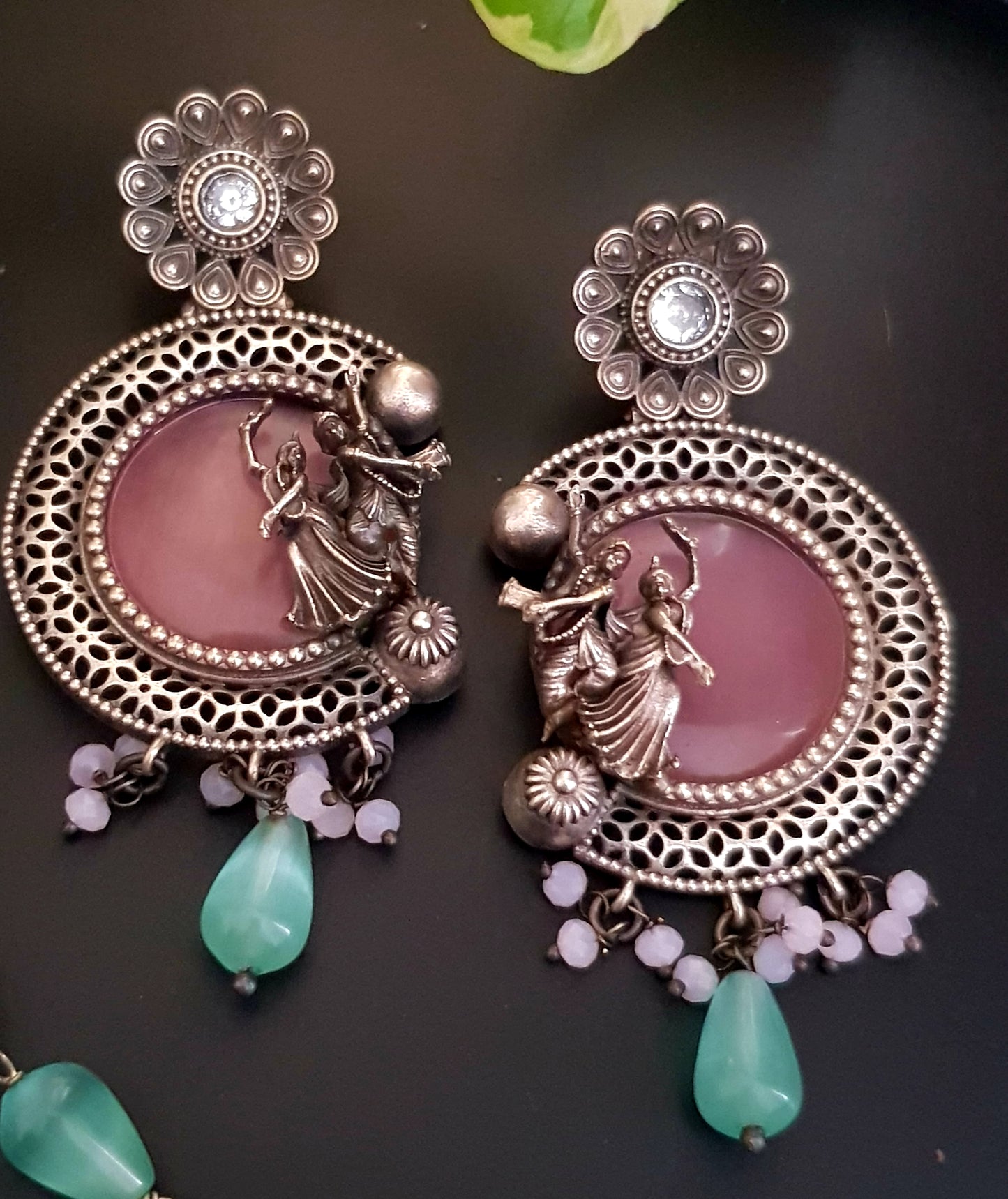 Silver finish set, dancing Radha-Krishna design over pink stone pendant with pearls, matching earrings