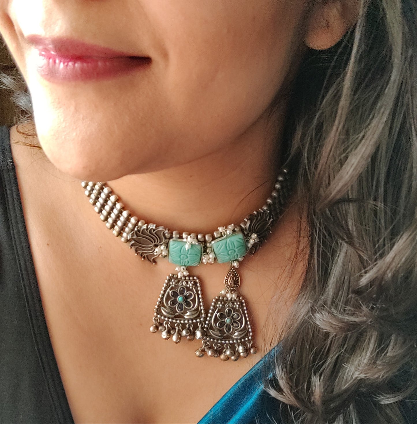 Antique silver finish set with square blue carved stones , matching earrings