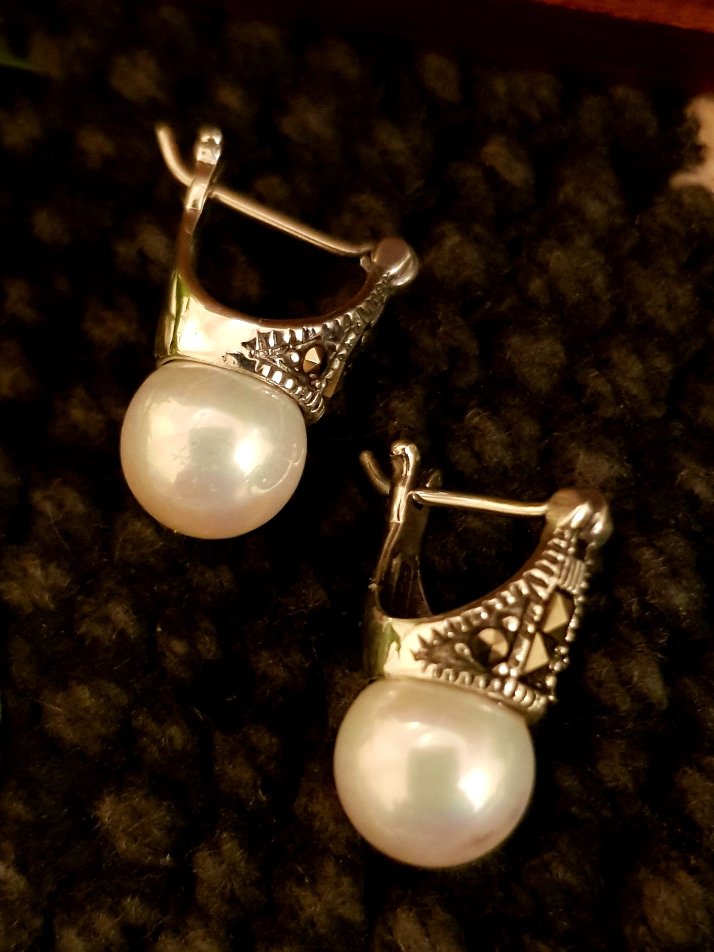 Silver earrings with marcasite and pearl at bottom