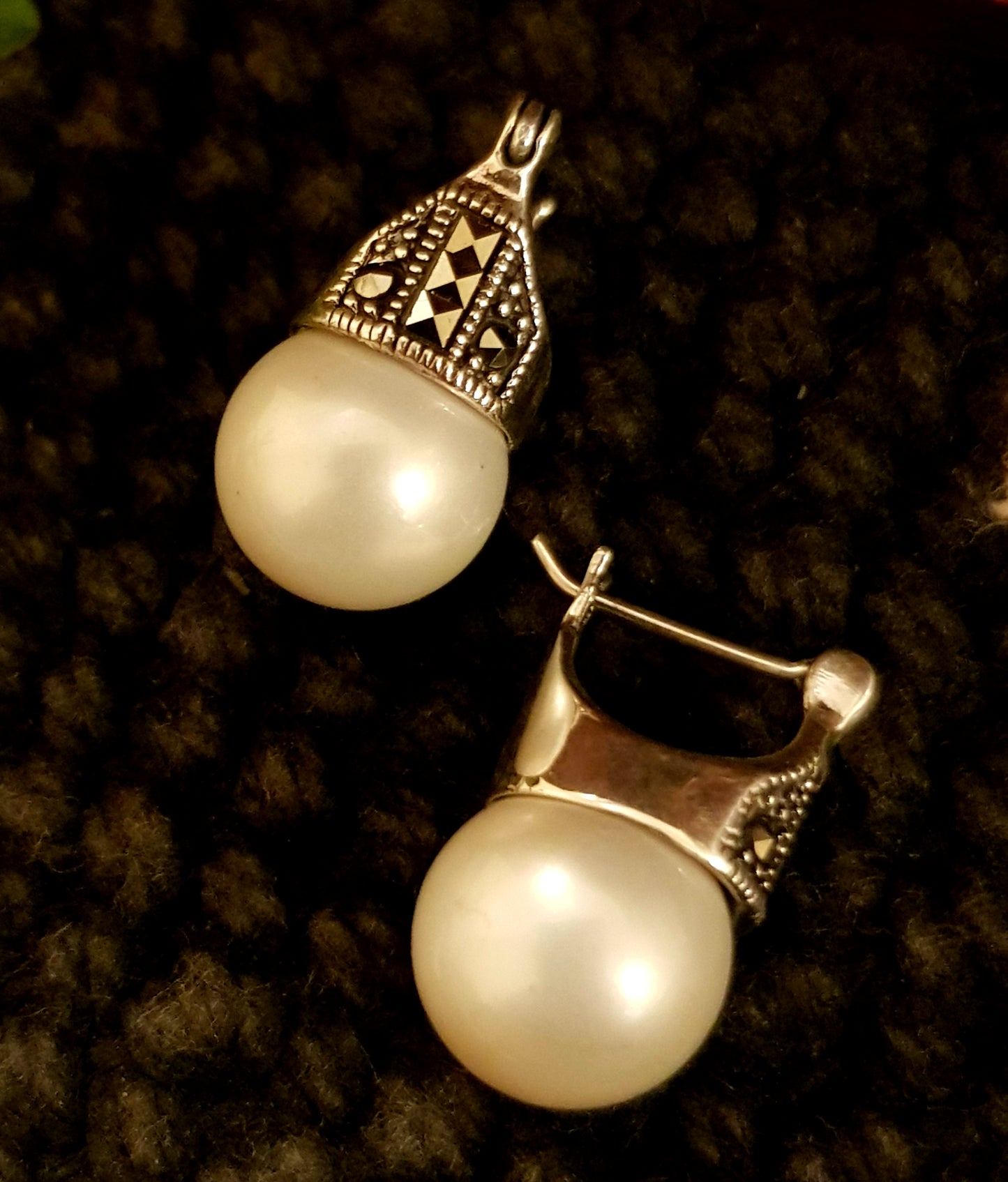 Silver earrings with marcasite and pearl at bottom