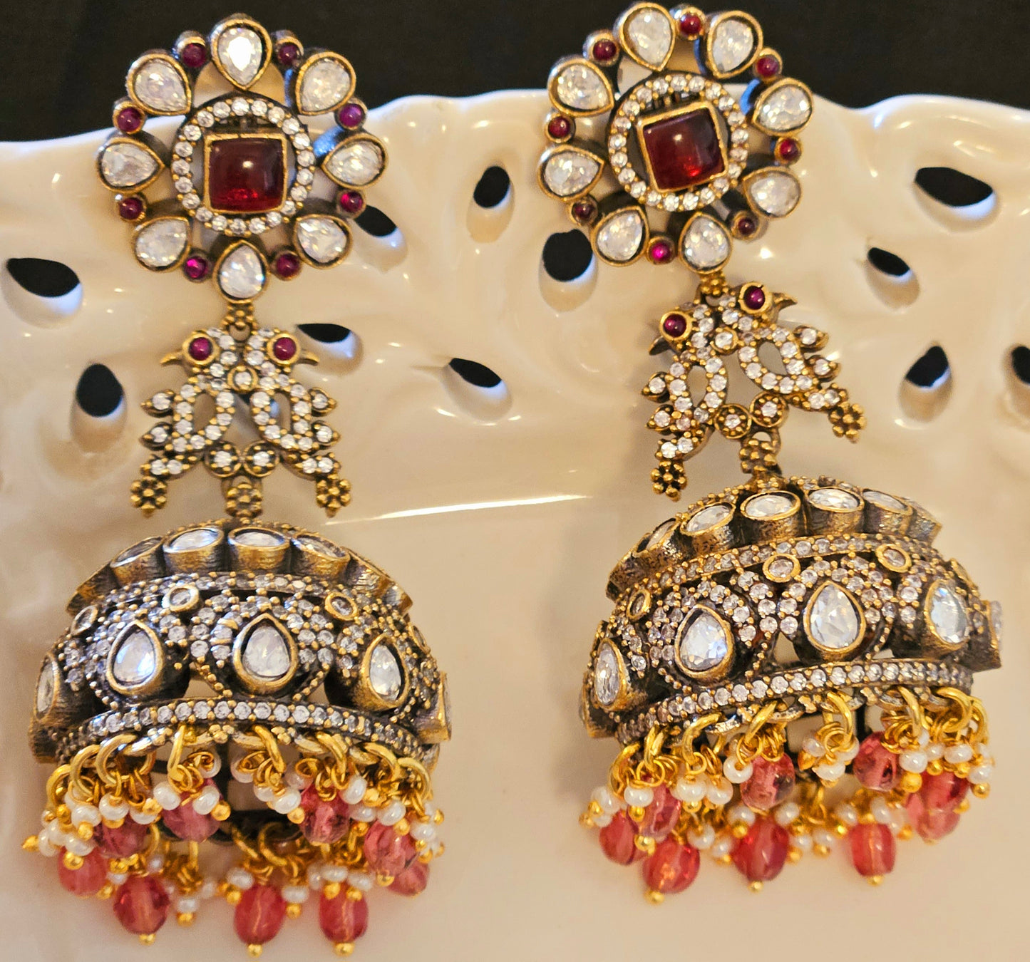 Antique gold finish kundan Jhumka (earrings), pair of parrots above ruby, kundan and CZ dome