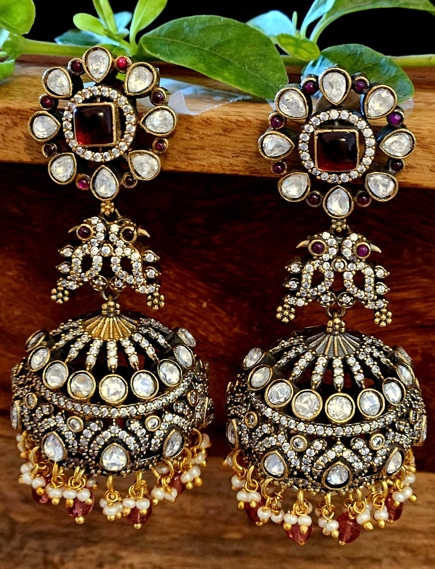 Antique gold finish kundan Jhumka (earrings), pair of parrots above ruby, kundan and CZ dome