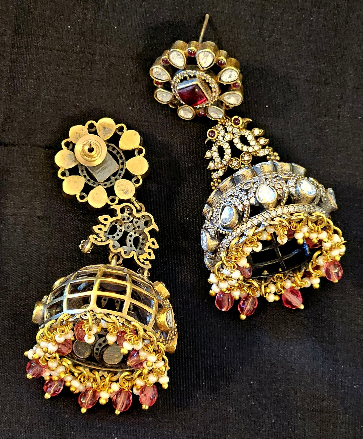 Antique gold finish kundan Jhumka (earrings), pair of parrots above ruby, kundan and CZ dome