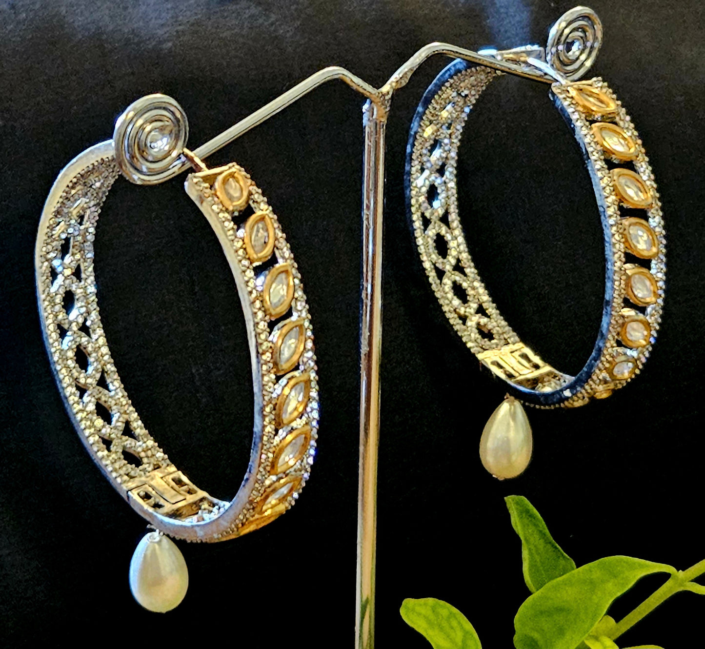 Silver finish big hoops with kundan detailing and pearl drop