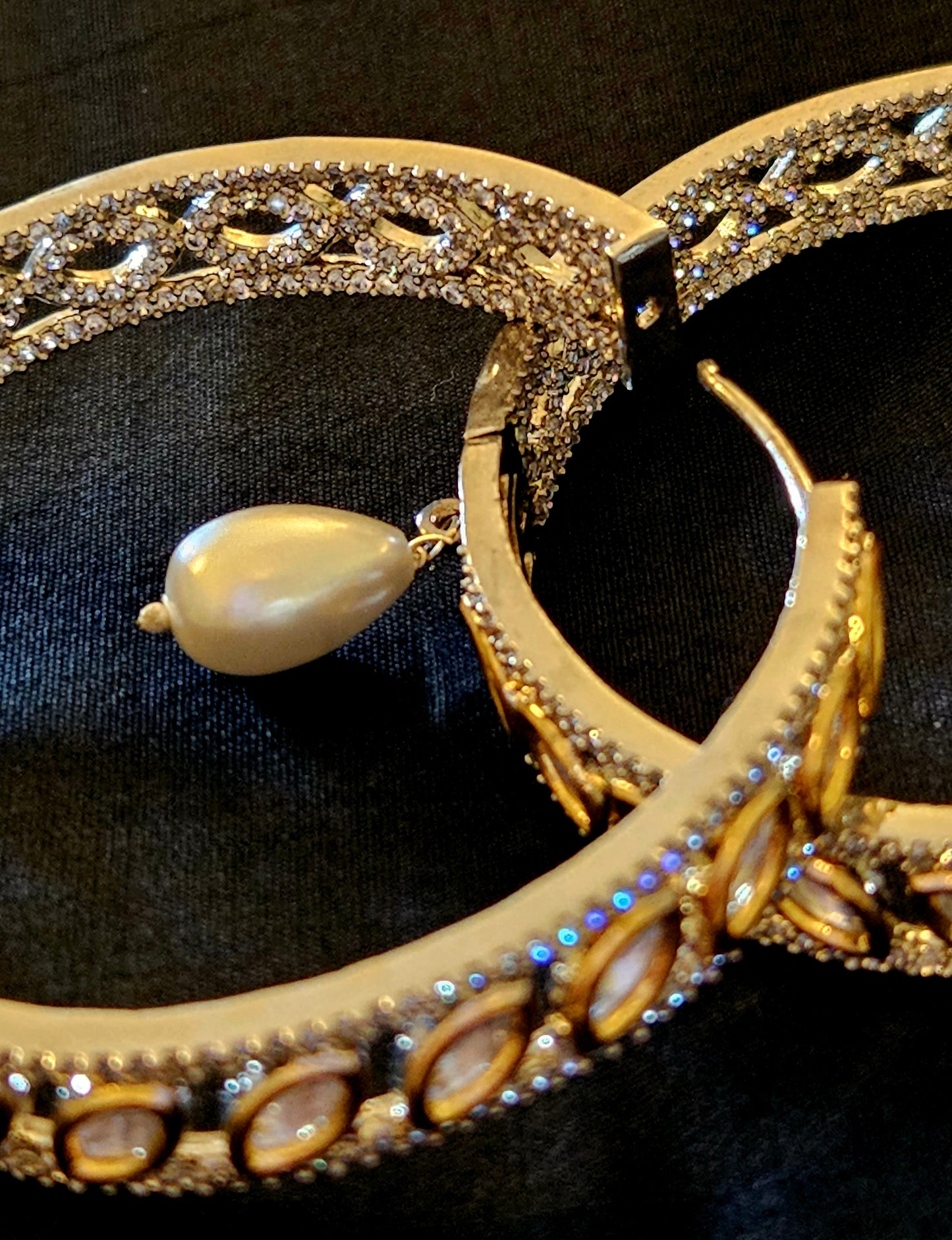 Silver finish big hoops with kundan detailing and pearl drop