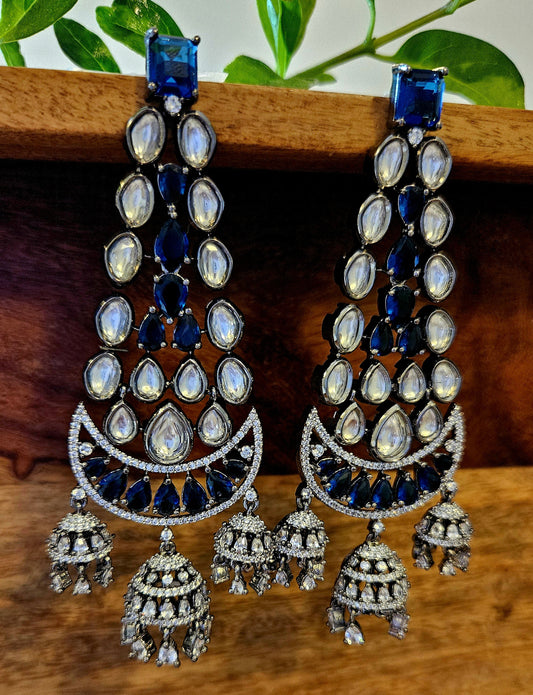 Long antique finish saphhire and kundan danglers (earrings) with three jhumkis at bottom with CZ detailing