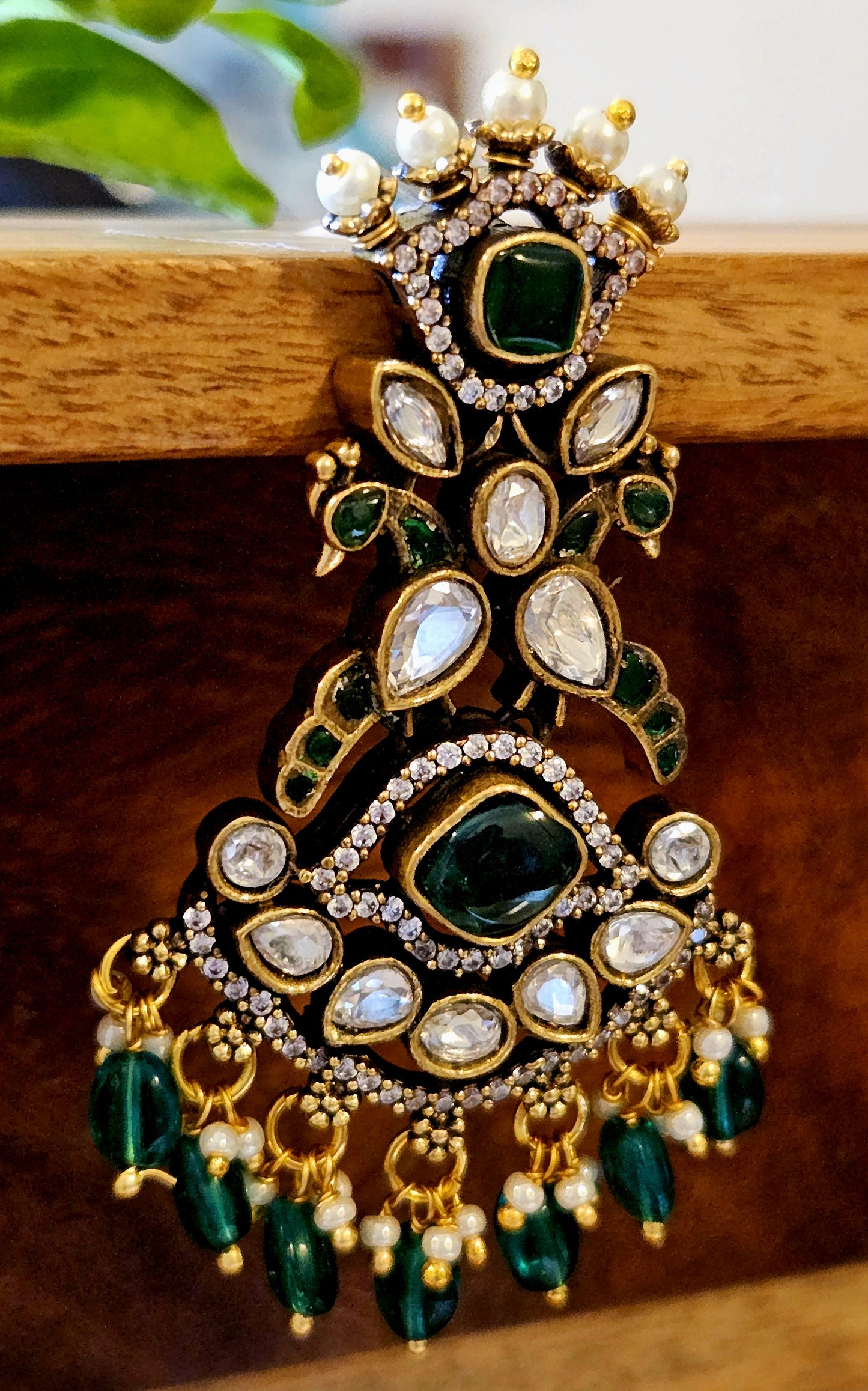 Long antique gold finish victorian earrings,crown stud above pair of peacock, CZ and green stone detailing