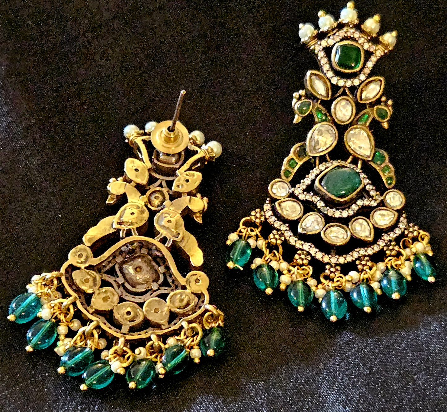 Long antique gold finish victorian earrings,crown stud above pair of peacock, CZ and green stone detailing