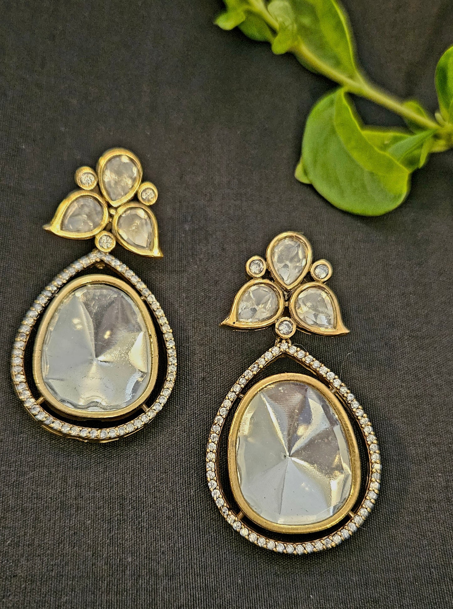 Antique finish kundan teardrop earrings with CZ framing on tri-petal flower kundan stud