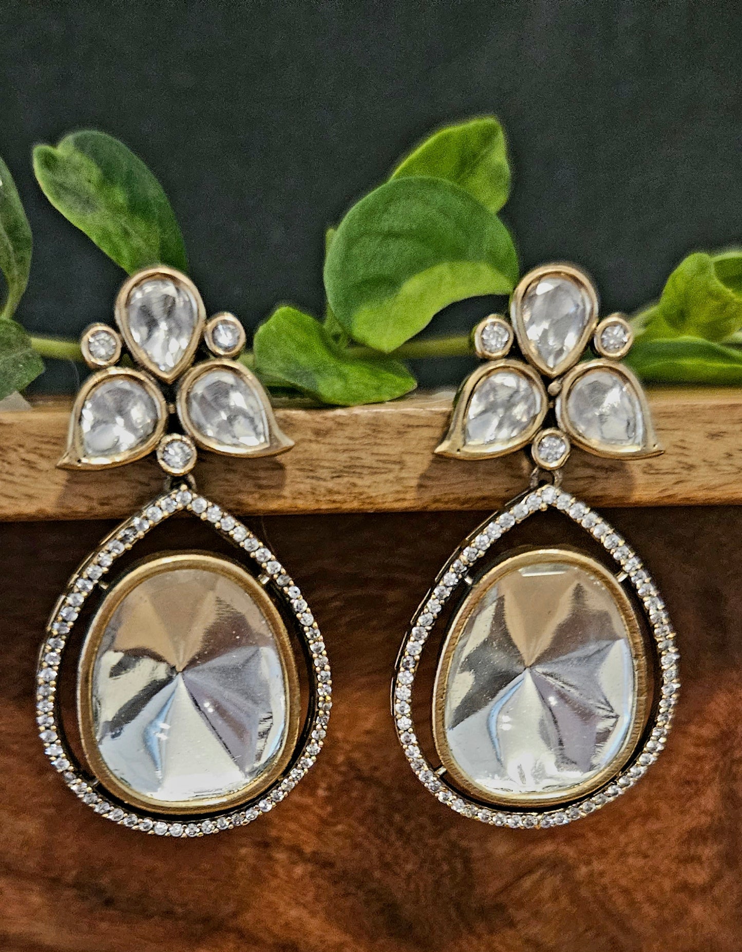 Antique finish kundan teardrop earrings with CZ framing on tri-petal flower kundan stud