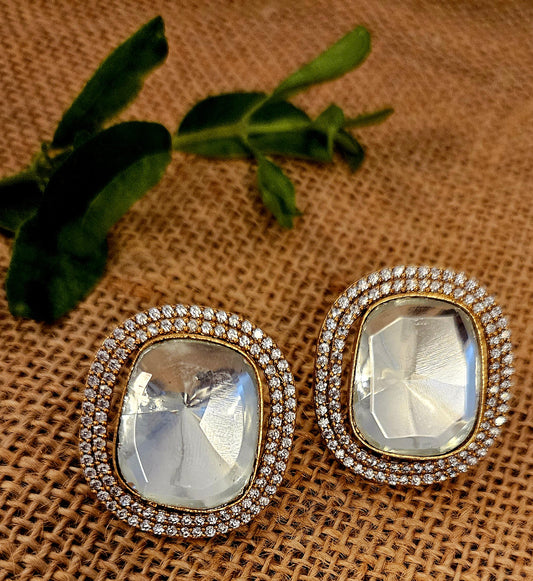 Antique finish big square kundan studs (earrings) enclosed in CZ frame