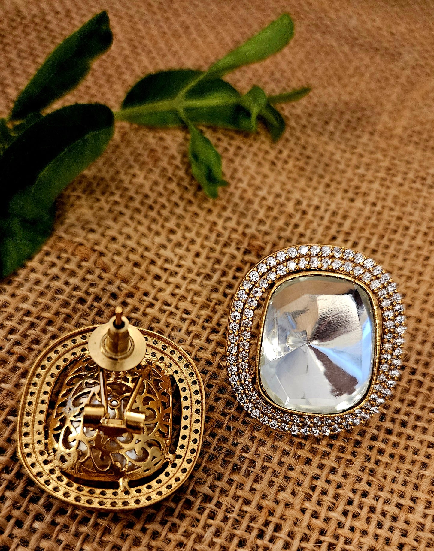 Antique finish big square kundan studs (earrings) enclosed in CZ frame