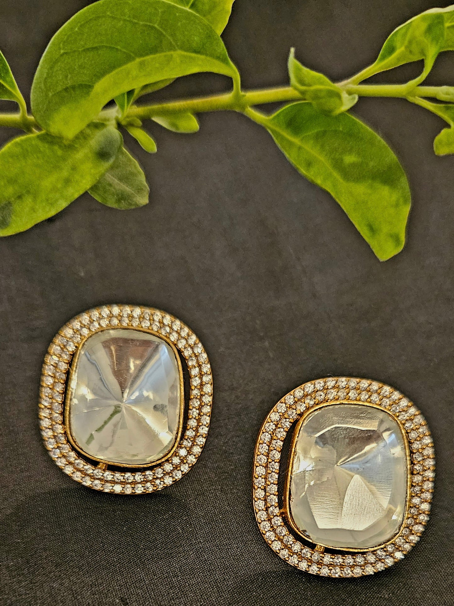 Antique finish big square kundan studs (earrings) enclosed in CZ frame