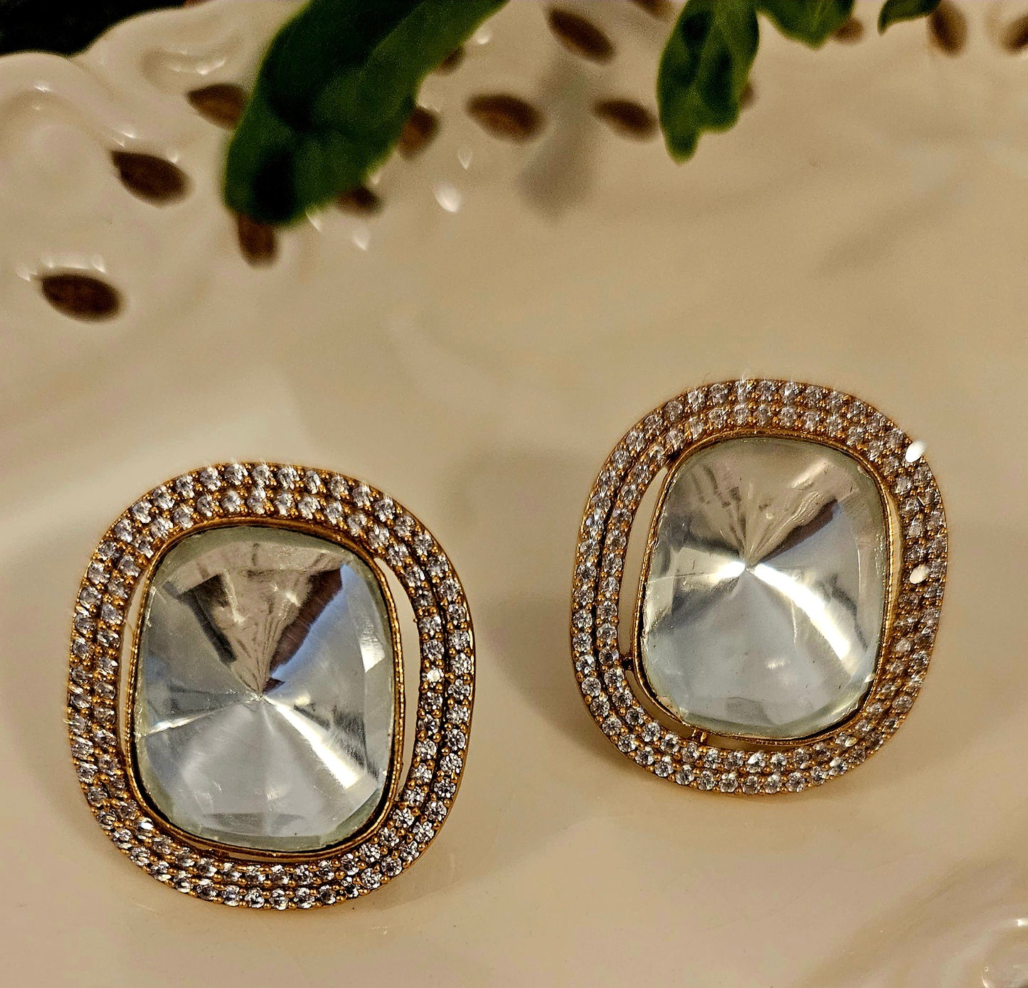 Antique finish big square kundan studs (earrings) enclosed in CZ frame