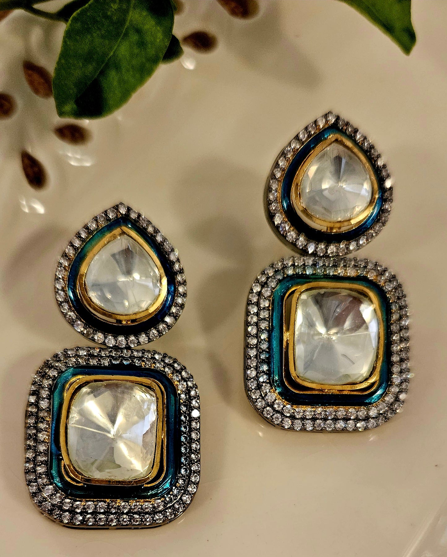 Antique finish big kundan rectangle earrings under teardrop studs