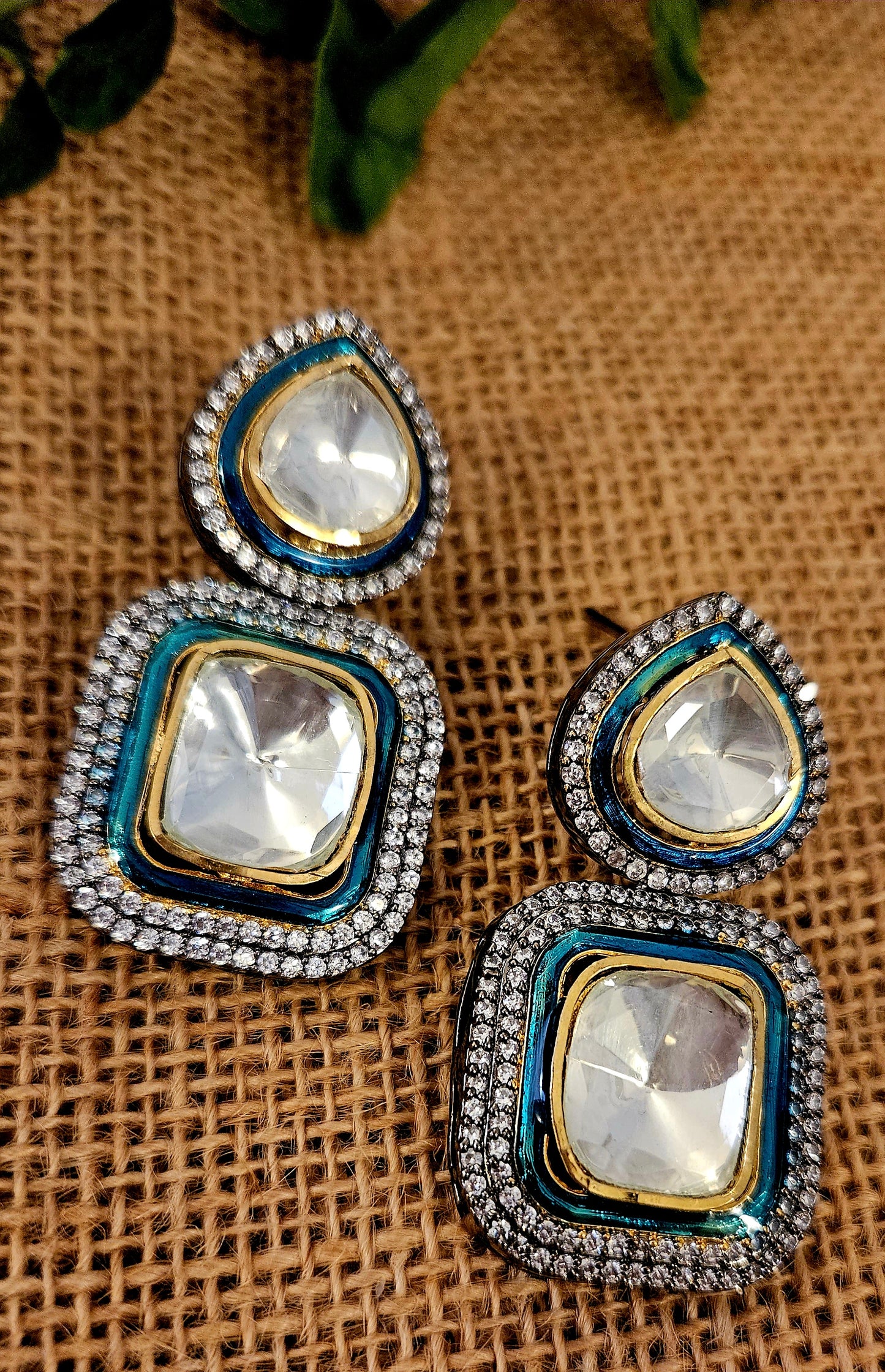 Antique finish big kundan rectangle earrings under teardrop studs