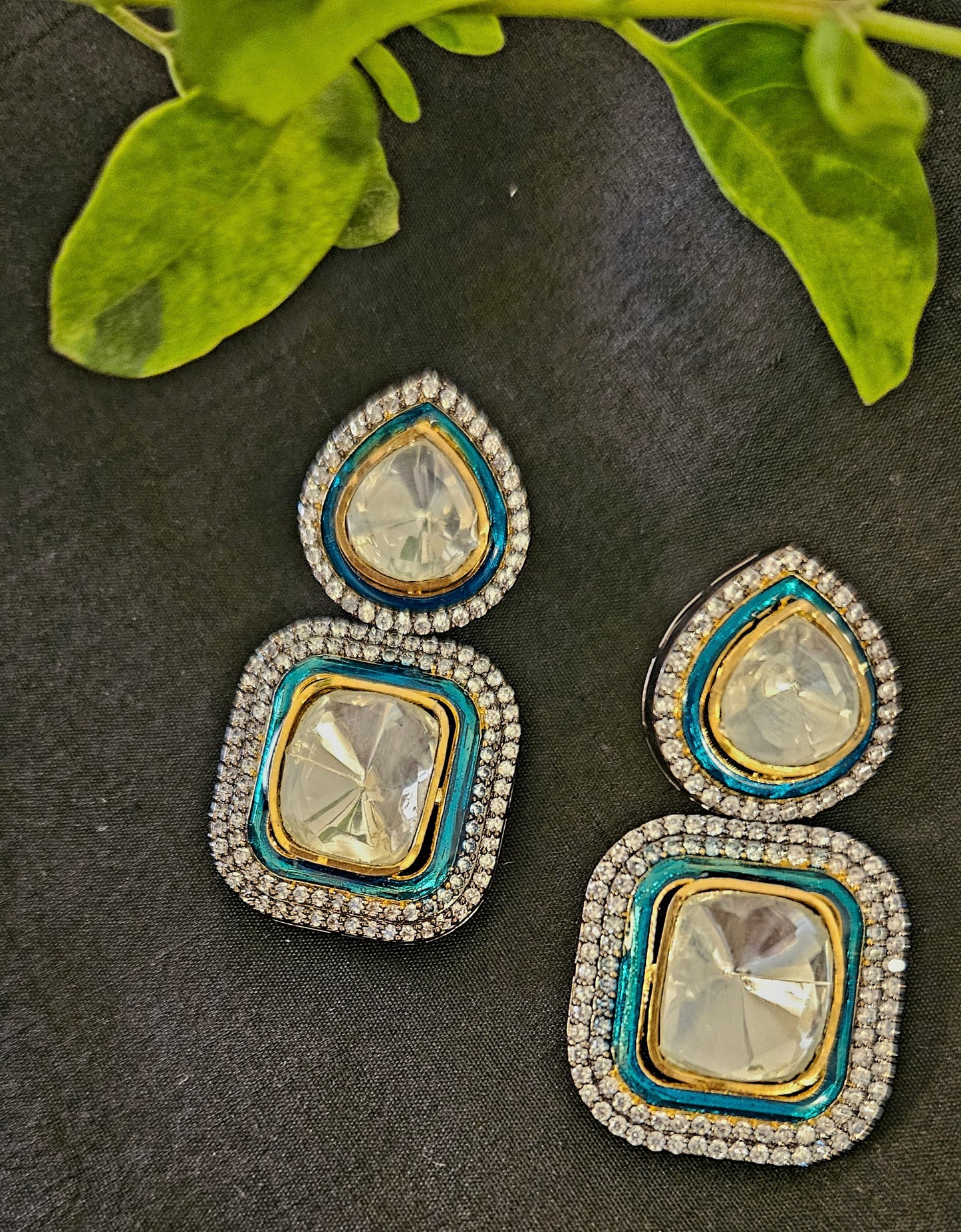 Antique finish big kundan rectangle earrings under teardrop studs