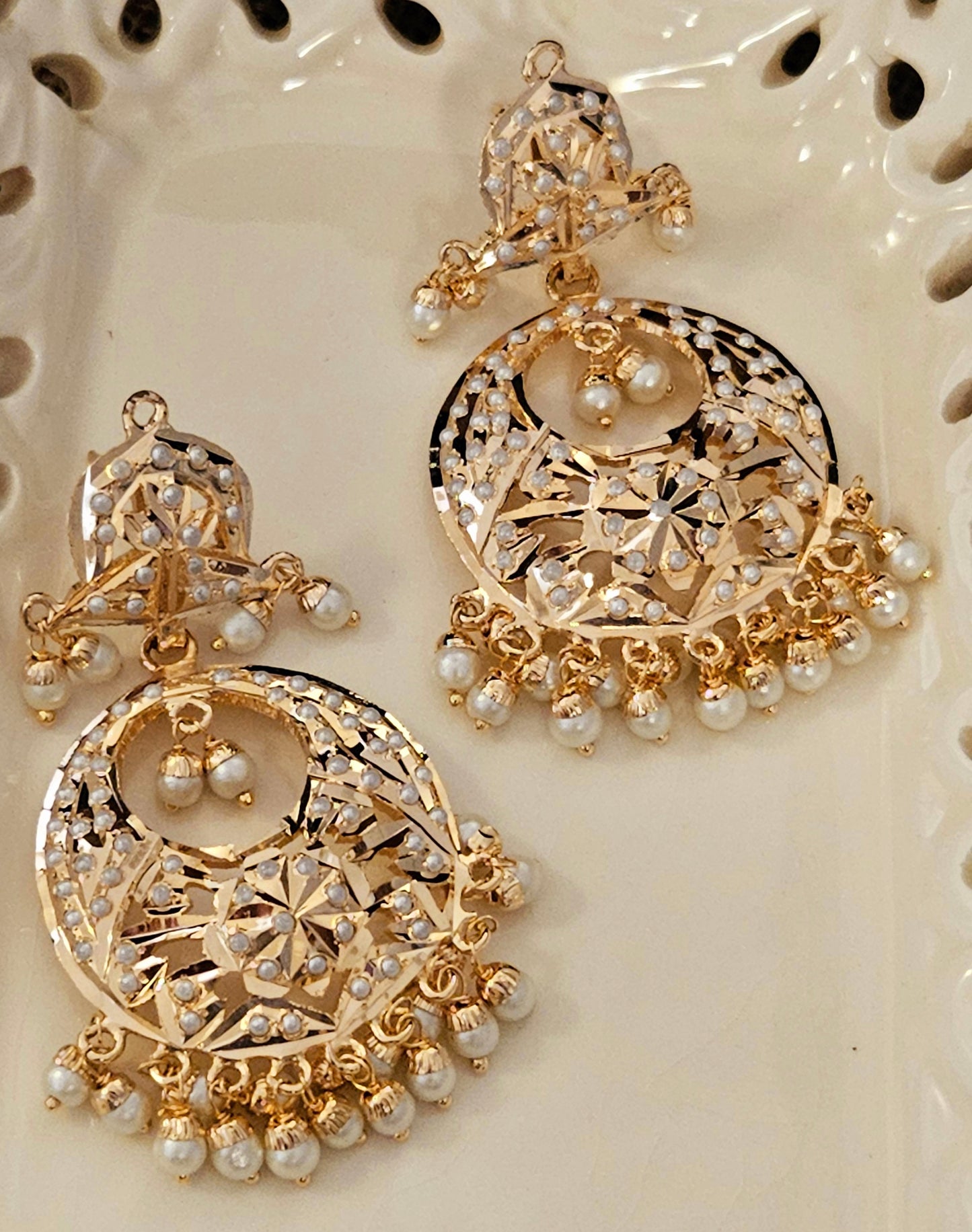 Gold finish, Jadau chandbaali earrings with pearl inlay