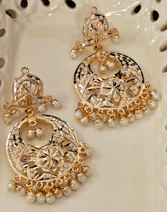 Gold finish, Jadau chandbaali earrings with pearl inlay