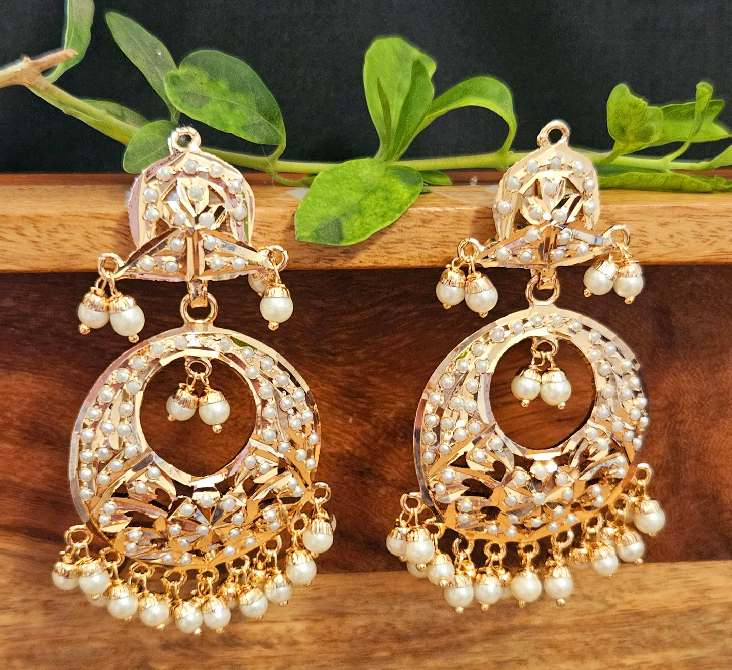 Gold finish, Jadau chandbaali earrings with pearl inlay