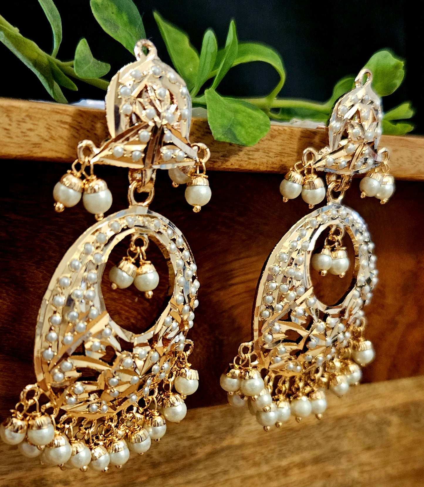 Gold finish, Jadau chandbaali earrings with pearl inlay