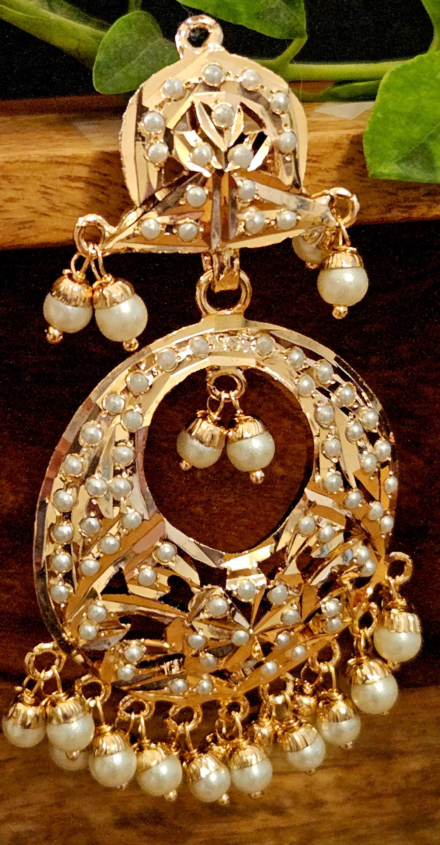 Gold finish, Jadau chandbaali earrings with pearl inlay