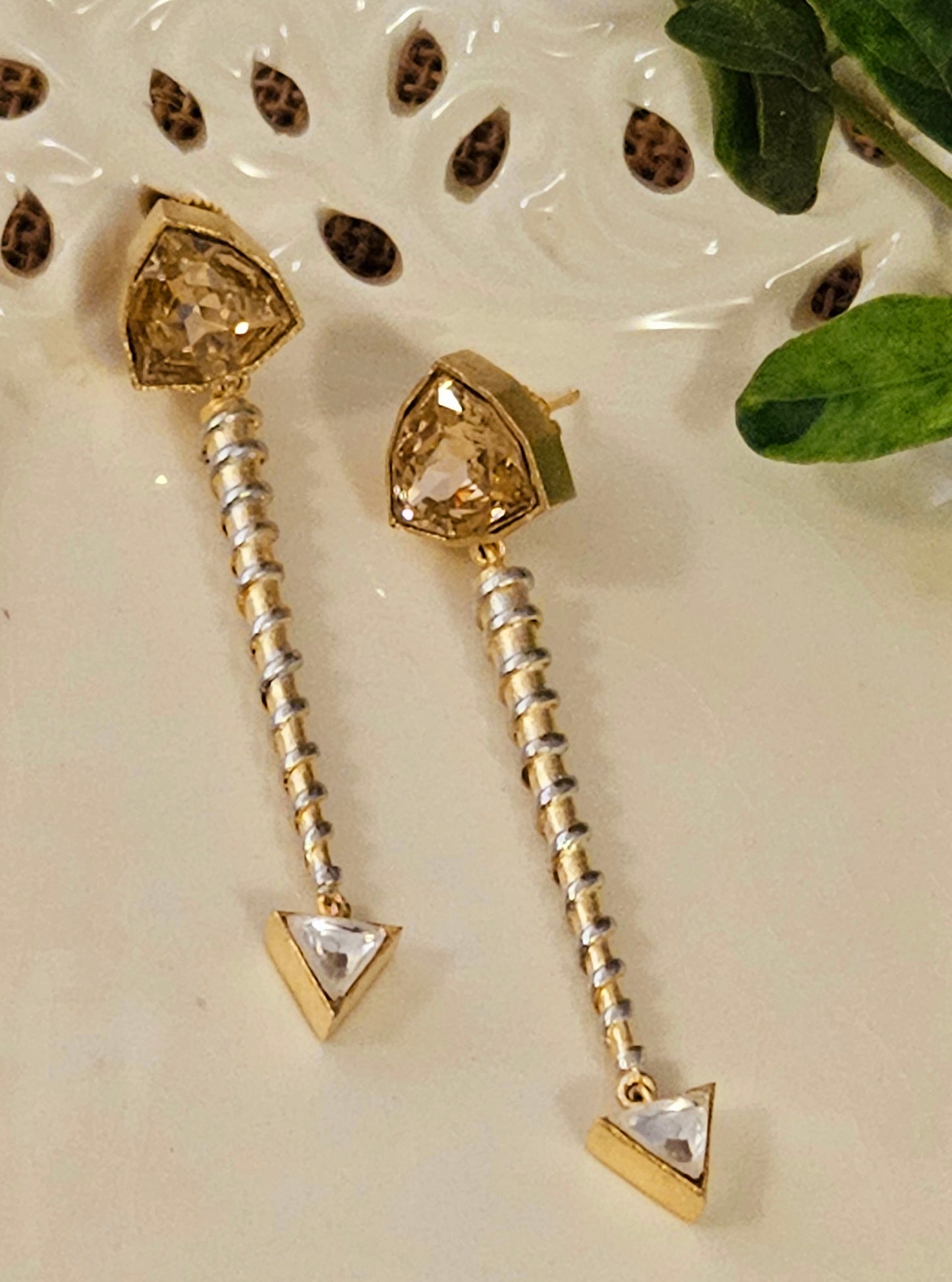 Silver finish long screw design earrings with triangle shaped blue/peach crystal stud and small triangle shaped clear stone at bottom