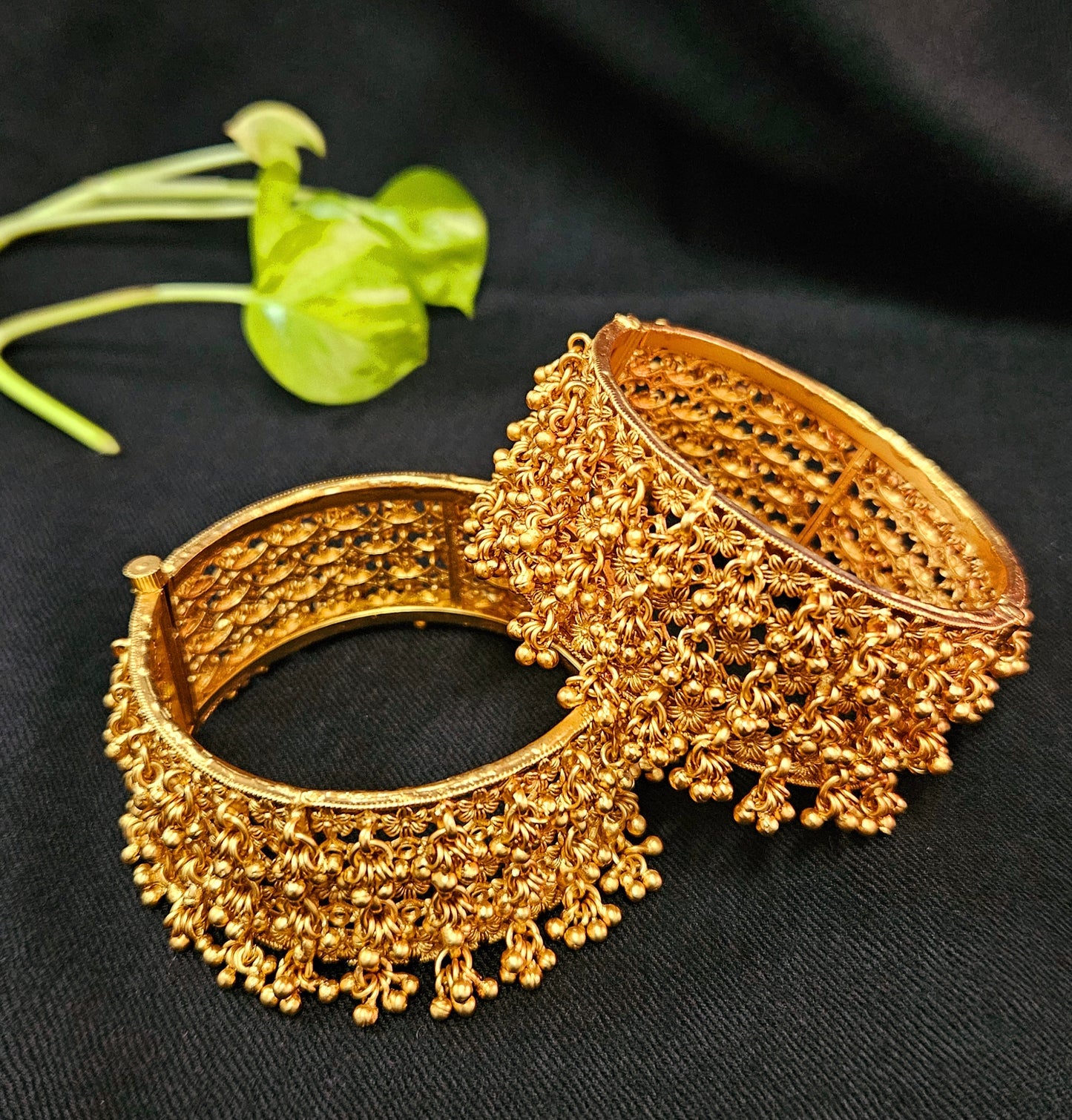 Gold finish kara (bangles), gold beads overall on jaali design (2 pcs)