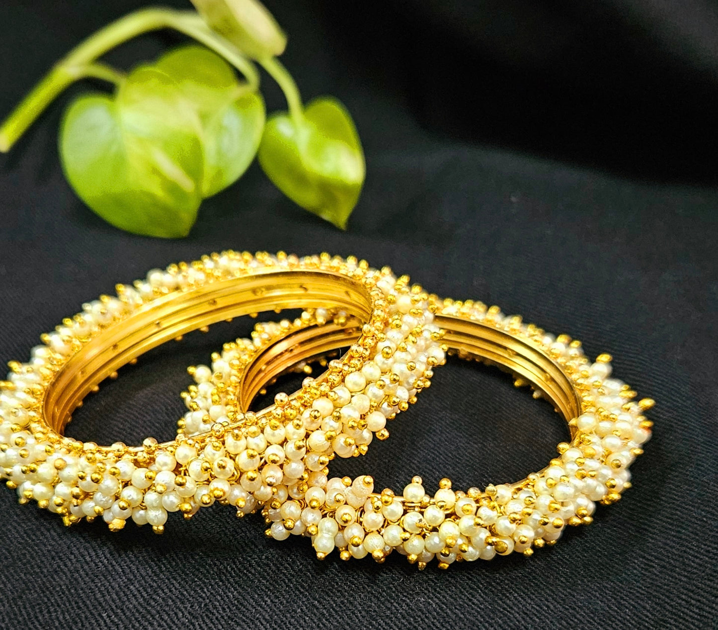 Gold finish kara (bangles) with pearl bead clusters (2 pcs) Size-2.4,2.6,2.8 available