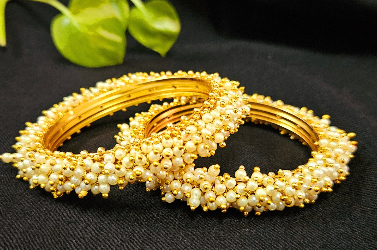 Gold finish kara (bangles) with pearl bead clusters (2 pcs) Size-2.4,2.6,2.8 available