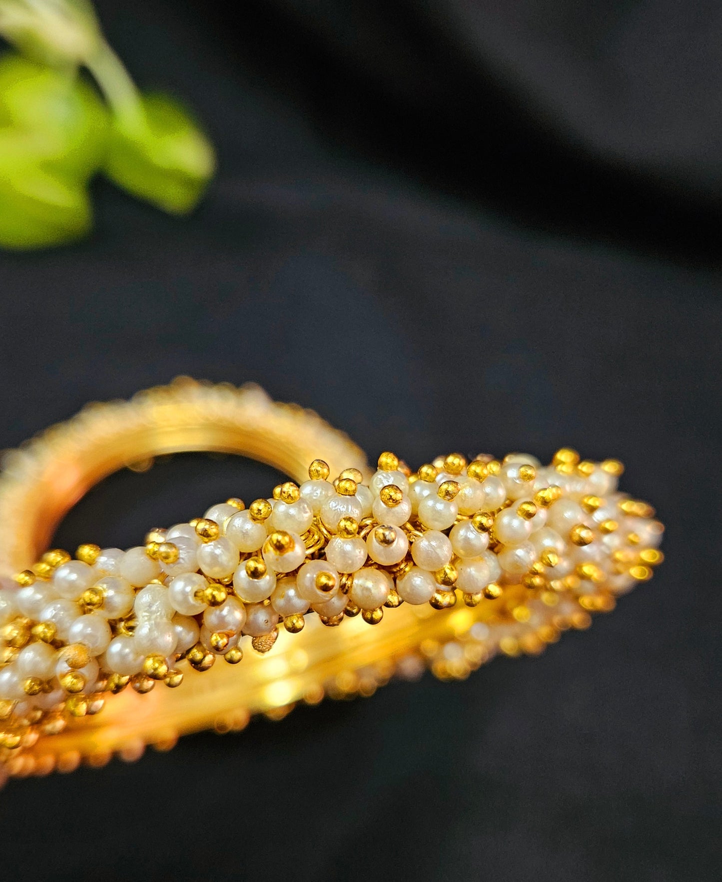 Gold finish kara (bangles) with pearl bead clusters (2 pcs) Size-2.4,2.6,2.8 available