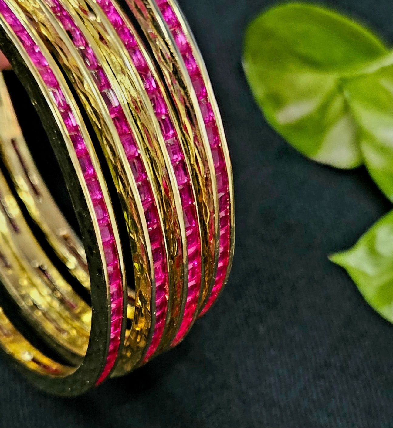 Gold finish sleek bangles with small cylindrical crystal/ruby/emerald/sapphire (4 pcs)