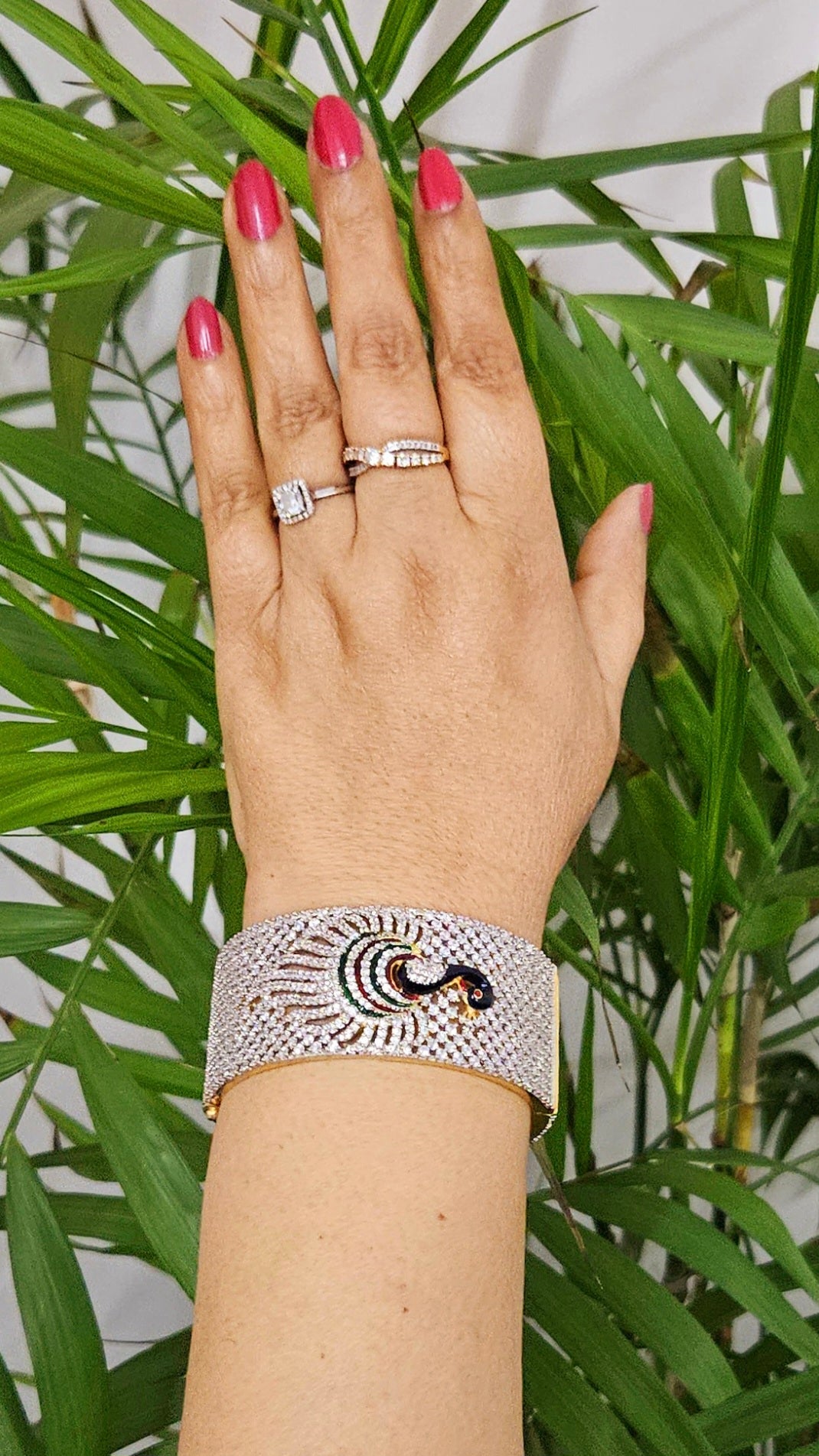 Gold finish kara (bangle) with CZ and peacock design in meenakari (1 pc)