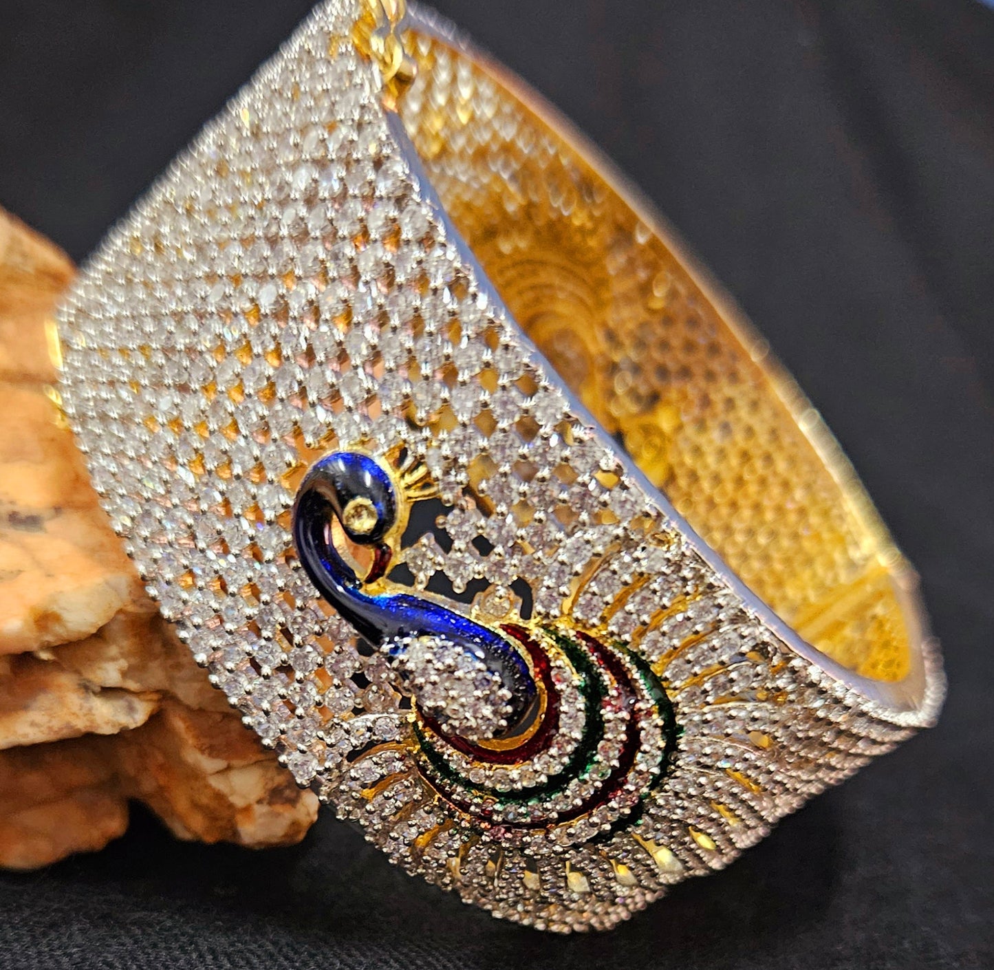 Gold finish kara (bangle) with CZ and peacock design in meenakari (1 pc)