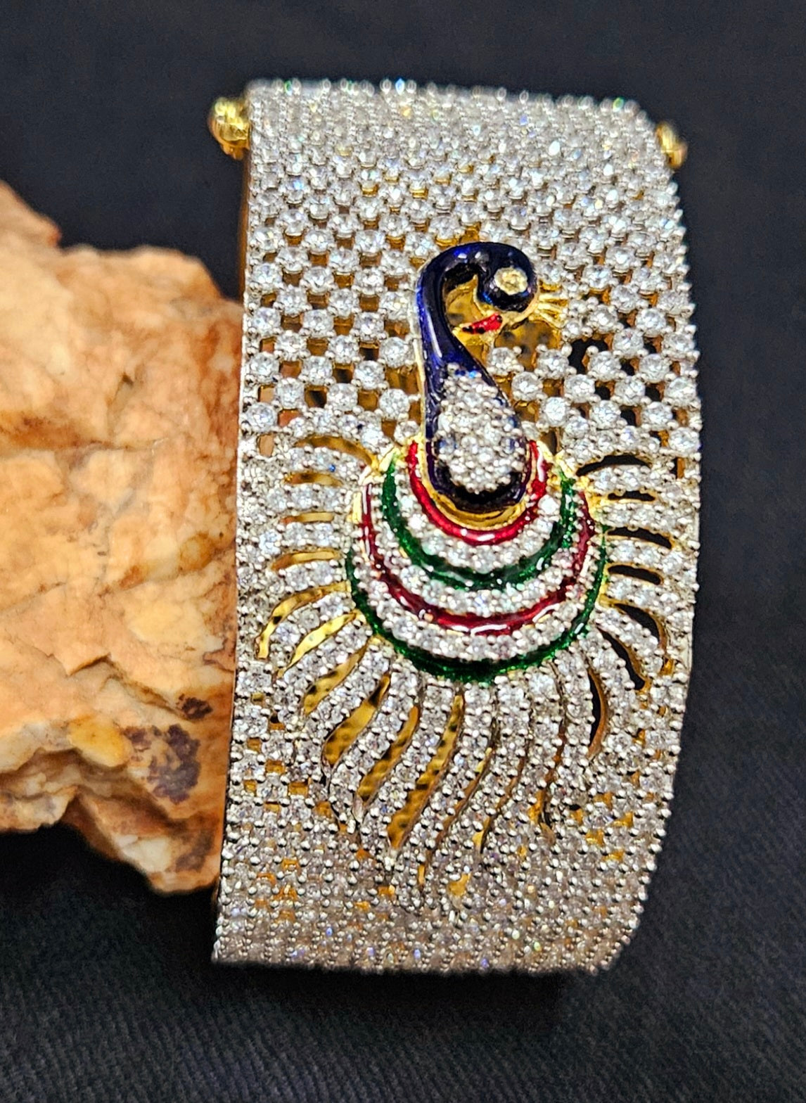 Gold finish kara (bangle) with CZ and peacock design in meenakari (1 pc)