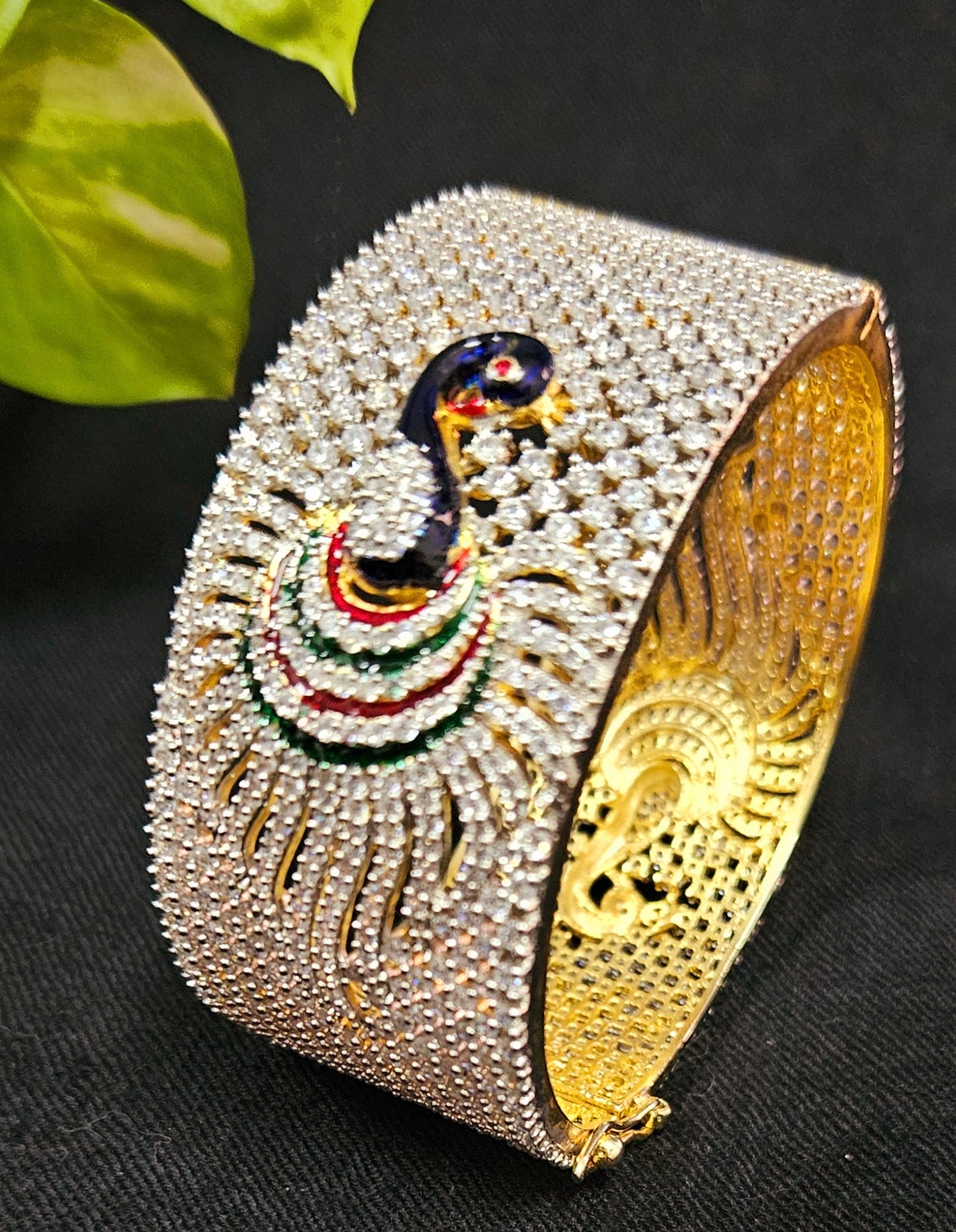 Gold finish kara (bangle) with CZ and peacock design in meenakari (1 pc)