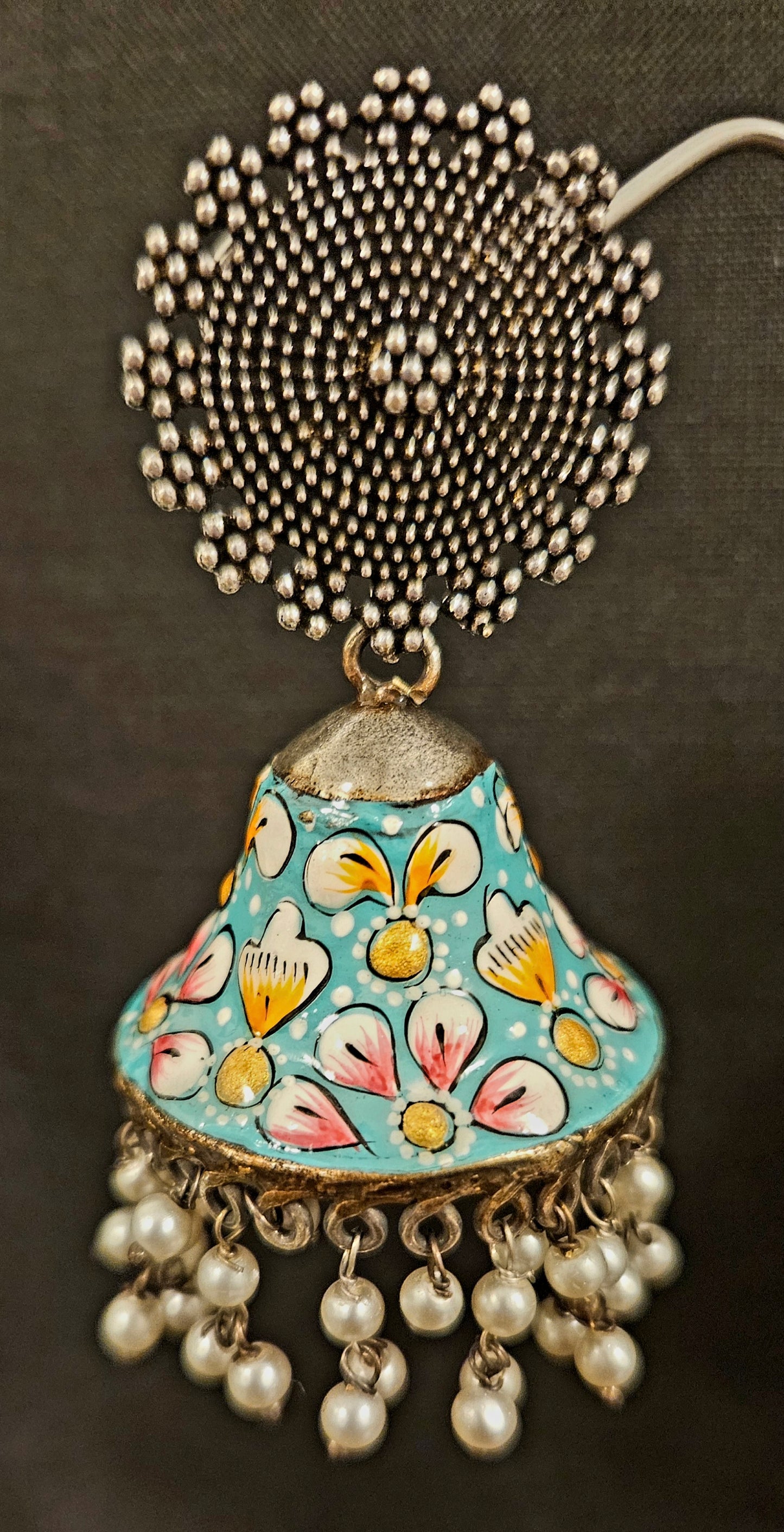 Silver finish jhumka with hand painted dome under a circular stud