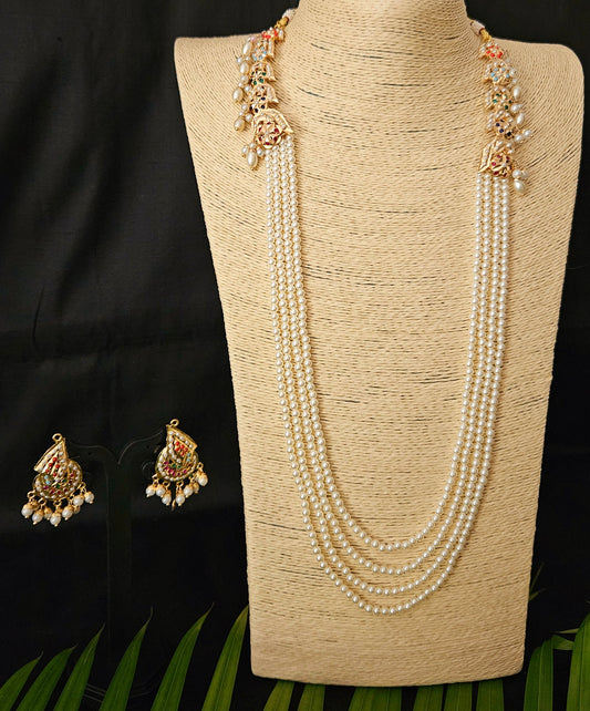 Gold finish jadau set with navratan inlay long pearl necklace, matching studs