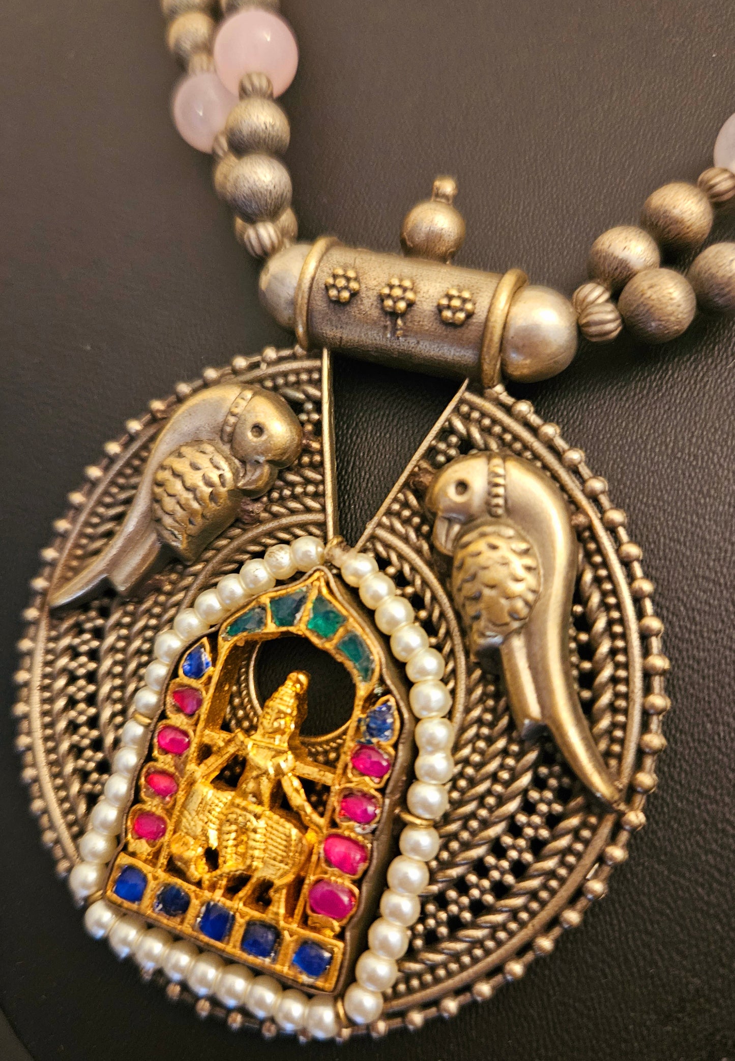 Dual tone set, round pendant with Lakshmi and parrot motif in beads and metal bead necklace, matching parrot studs (earrings)