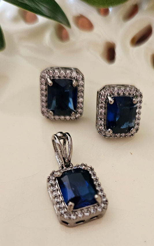 Antique finish small rectangle pendant set in  stone surrounded by CZ, matching studs