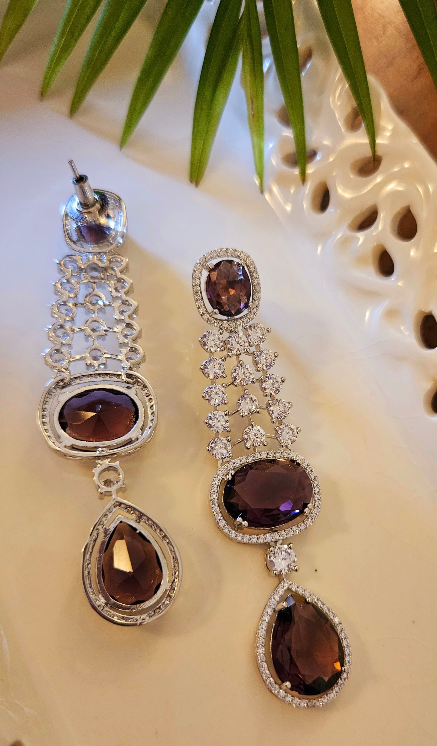 Platinum finish purple stone and CZ set, two layered necklace and matching earrings