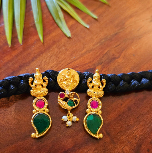 Choker (necklace) with three Lakshmi tikdas on black string