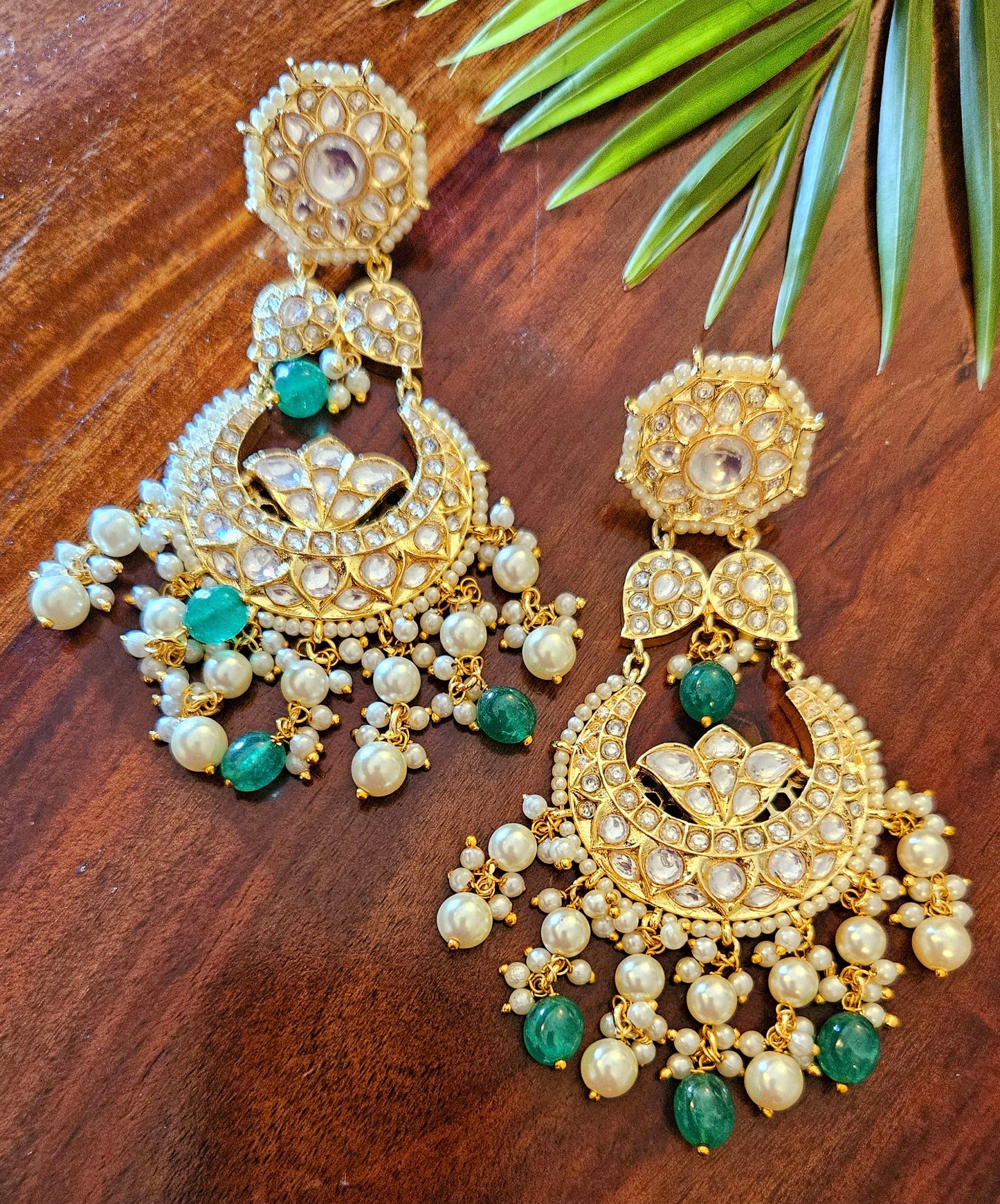 Gold finish big kundan earrings, chaandbali design in kundan with pearl and green stone