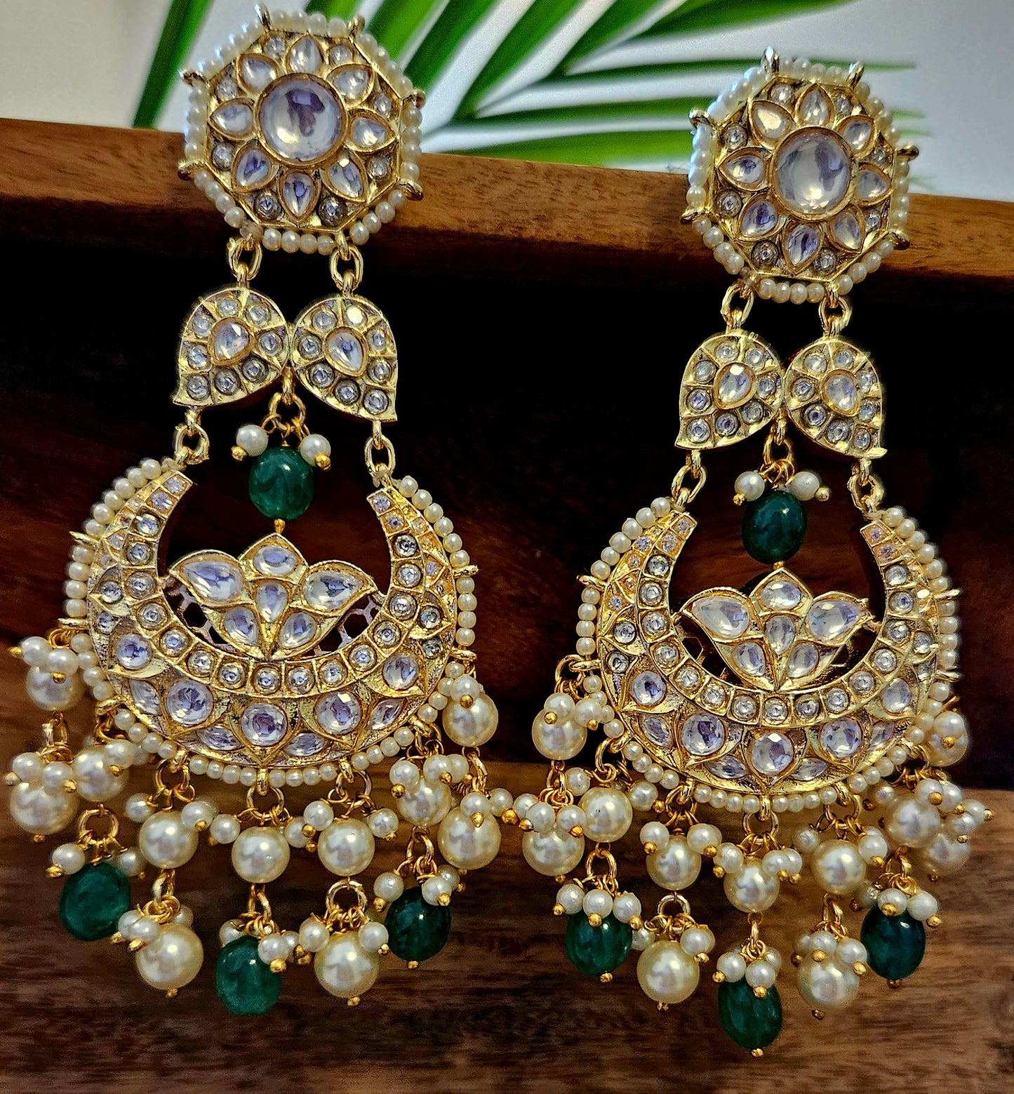 Gold finish big kundan earrings, chaandbali design in kundan with pearl and green stone