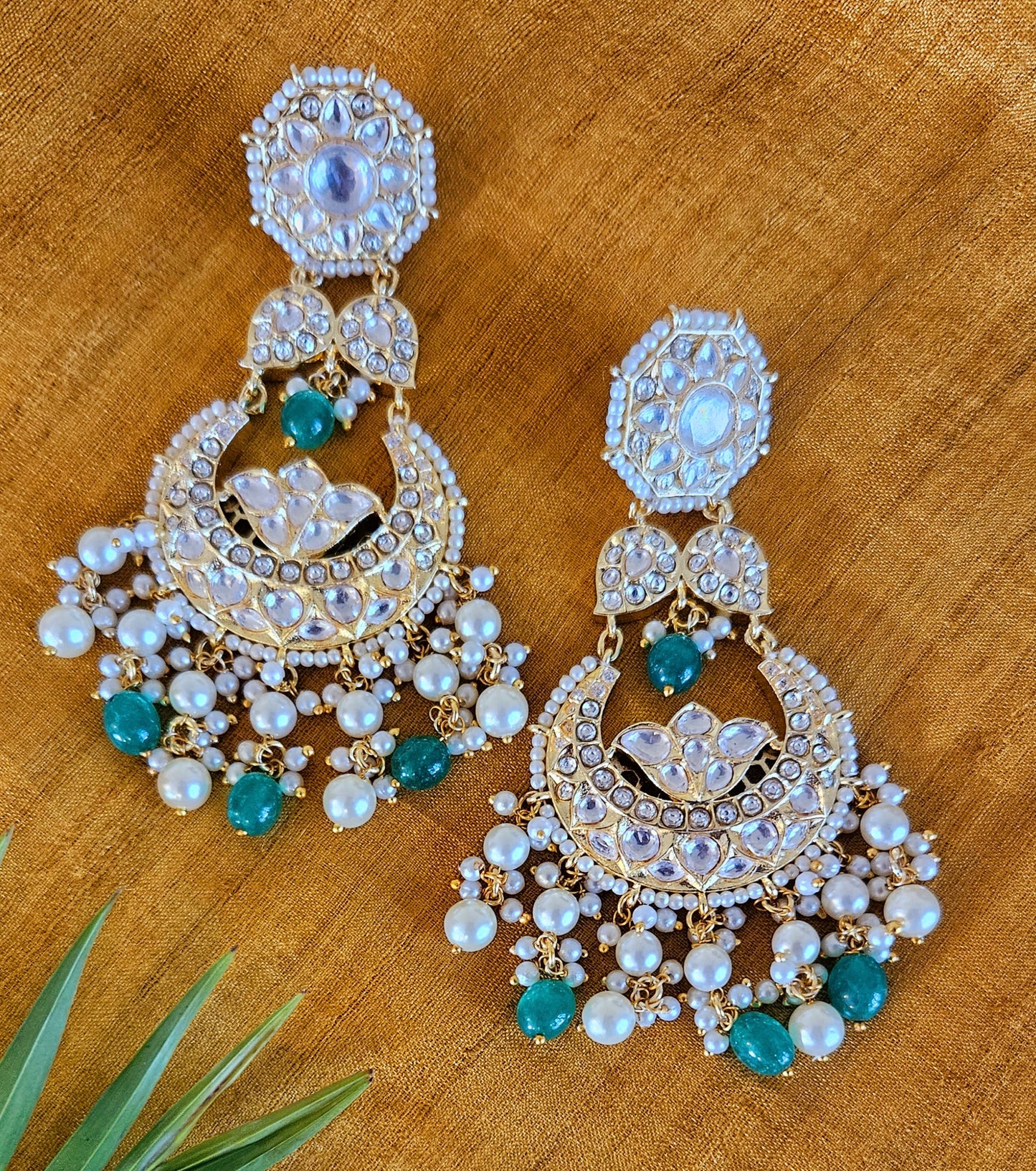 Gold finish big kundan earrings, chaandbali design in kundan with pearl and green stone