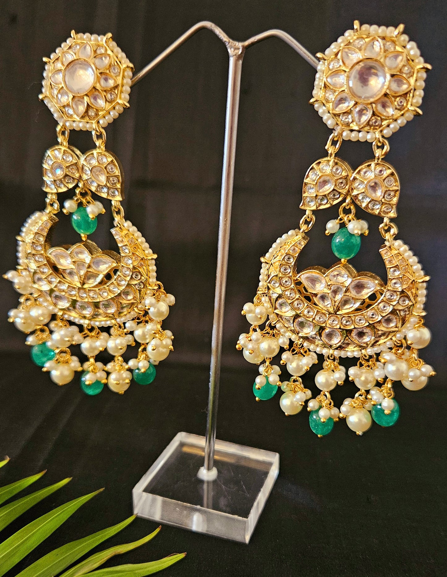 Gold finish big kundan earrings, chaandbali design in kundan with pearl and green stone