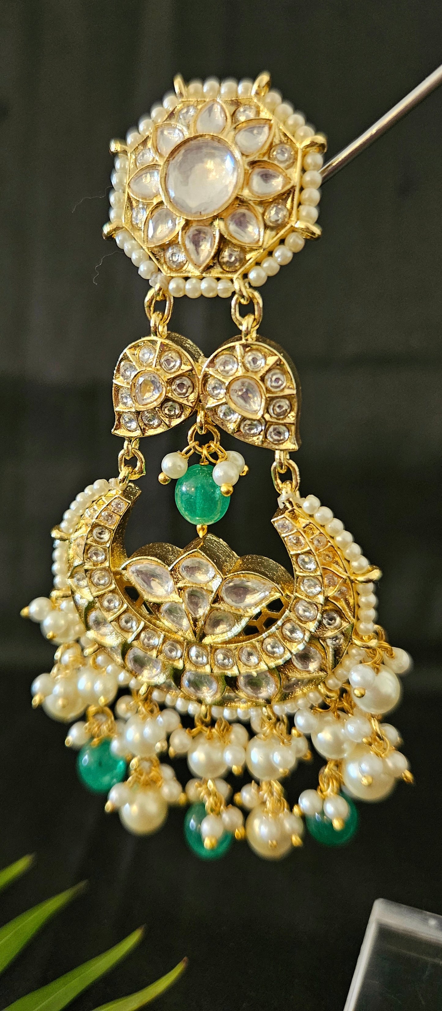 Gold finish big kundan earrings, chaandbali design in kundan with pearl and green stone