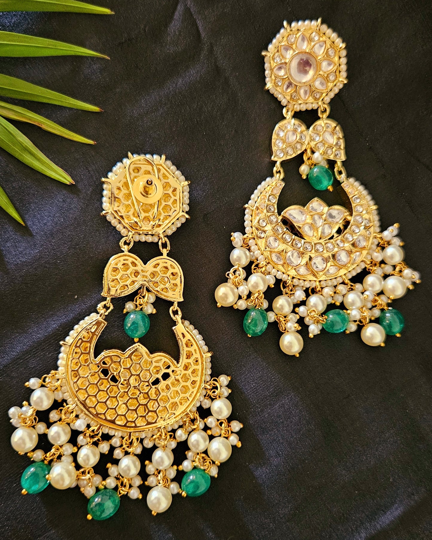 Gold finish big kundan earrings, chaandbali design in kundan with pearl and green stone